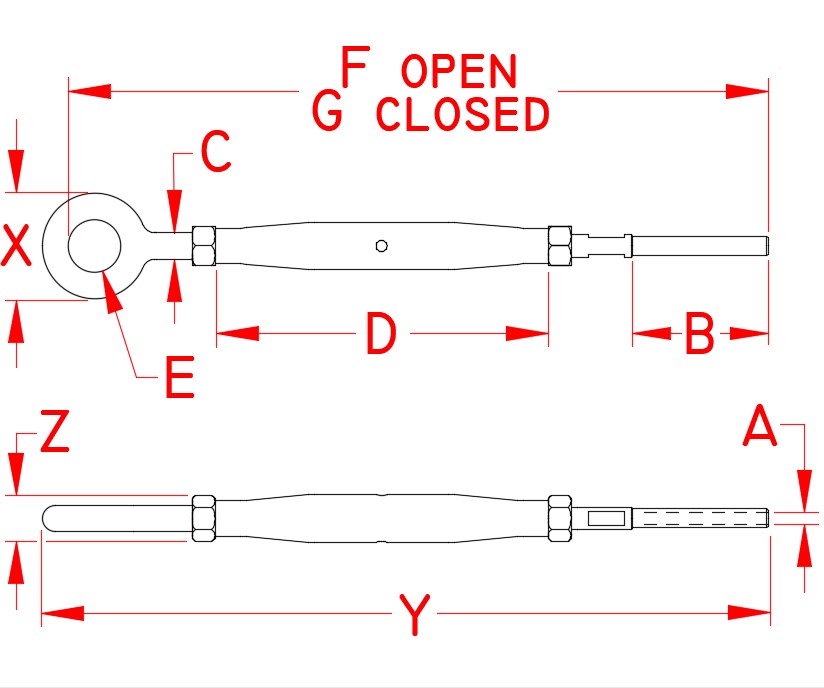 Stainless Steel Gate Eye & Hand Swage Stud - Closed Body, Turnbuckle, S0794-H0703, S0794-H0705, Line Drawing